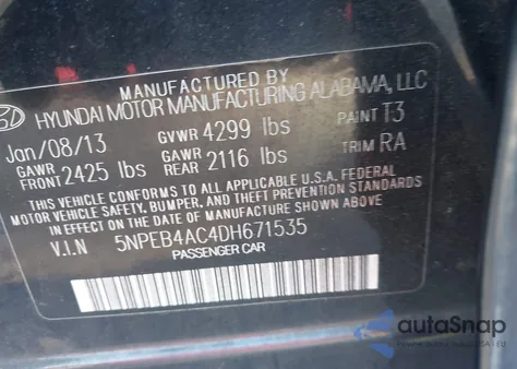 2013 Hyundai Sonata Gls/Limited/Se из США, поврежденный, VIN 5NPEB4AC4DH671535